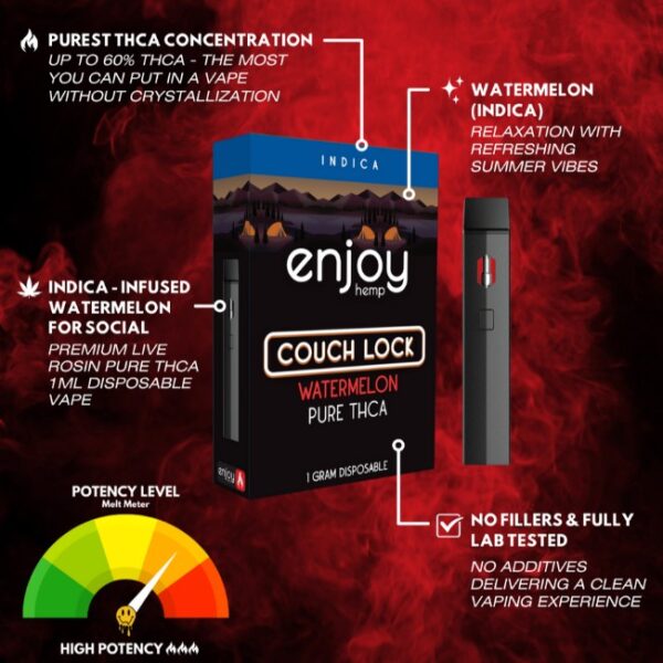 enjoy hemp pure thca disposable for couch lock watermelon 1g