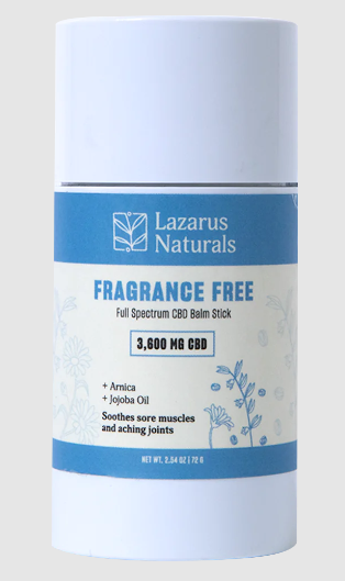 lazarus naturals fragrance free cbd balm stick with arnica + jojoba oil 800mg