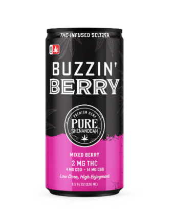 pure shenandoah buzzin' berry thc+cbd+cbg seltzer 2mg single
