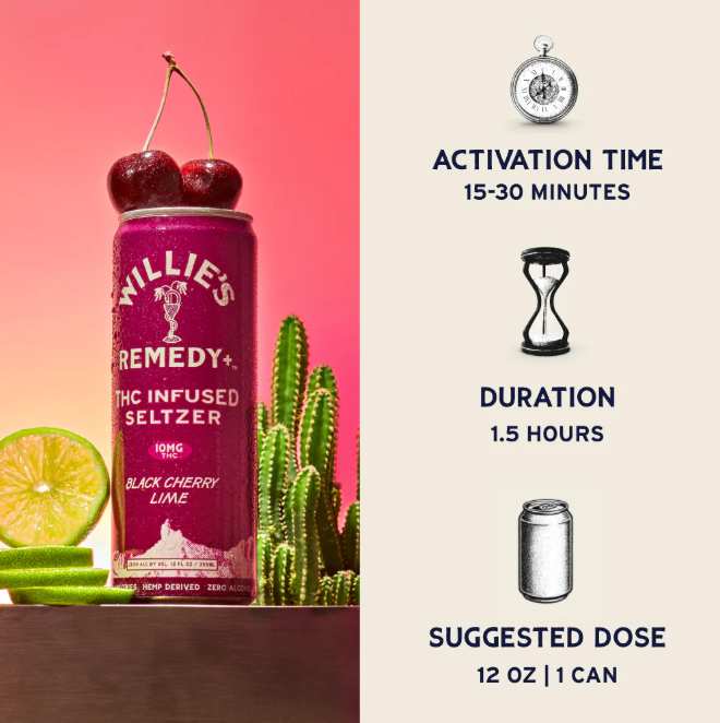 willie's remedy black cherry lime infused seltzer thc 10mg