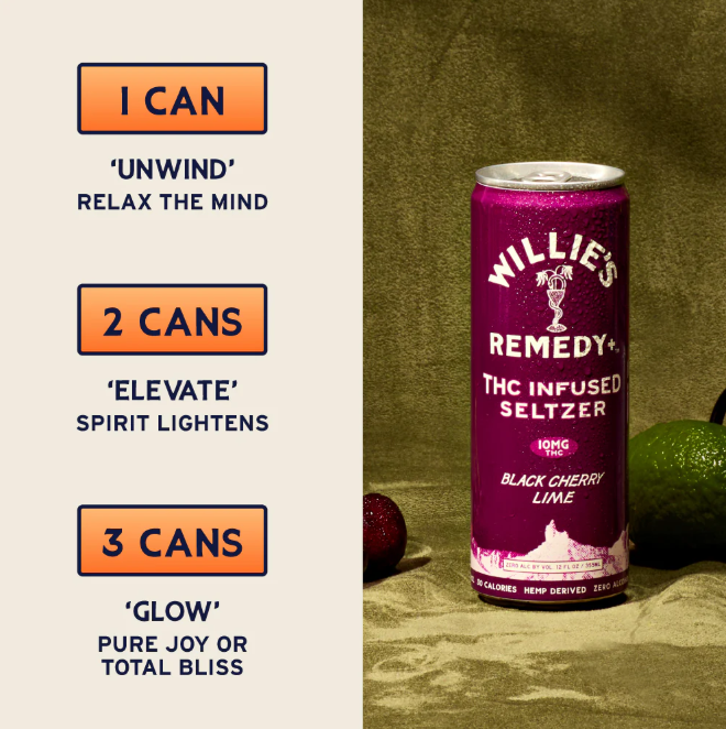 willie's remedy black cherry lime infused seltzer thc 10mg