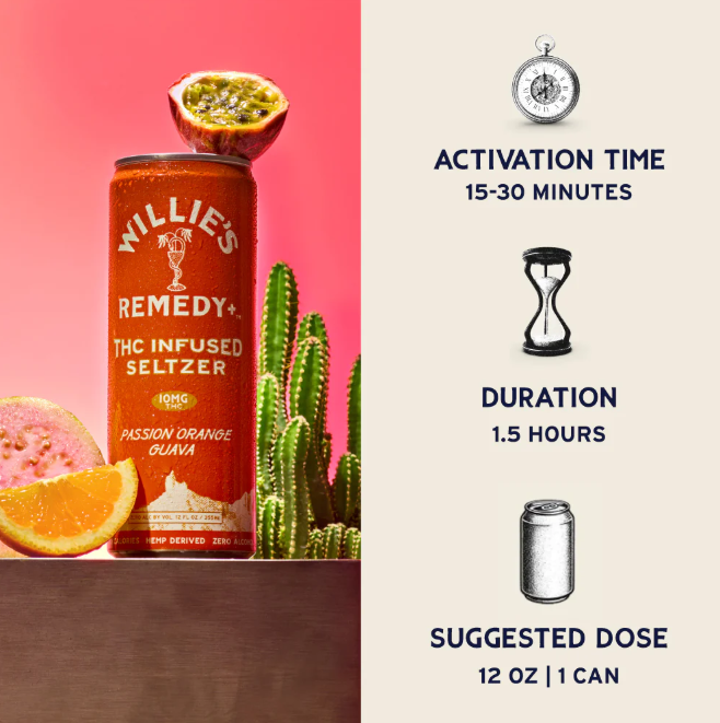 willie's remedy passion orange guava infused seltzer thc 10mg