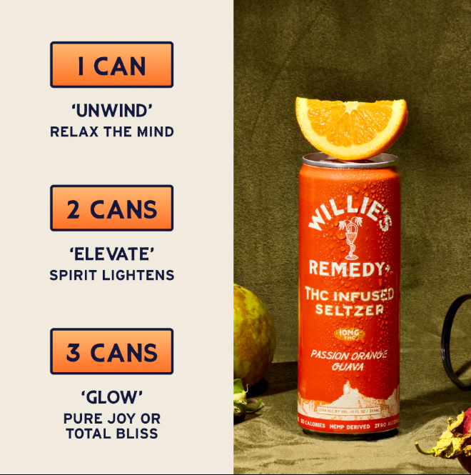 willie's remedy passion orange guava infused seltzer thc 10mg