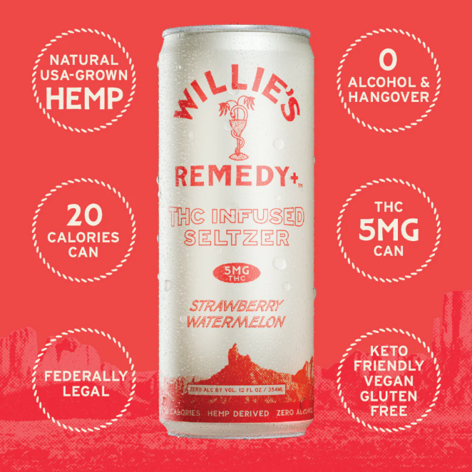 willie's remedy strawberry watermelon infused seltzer thc 5mg